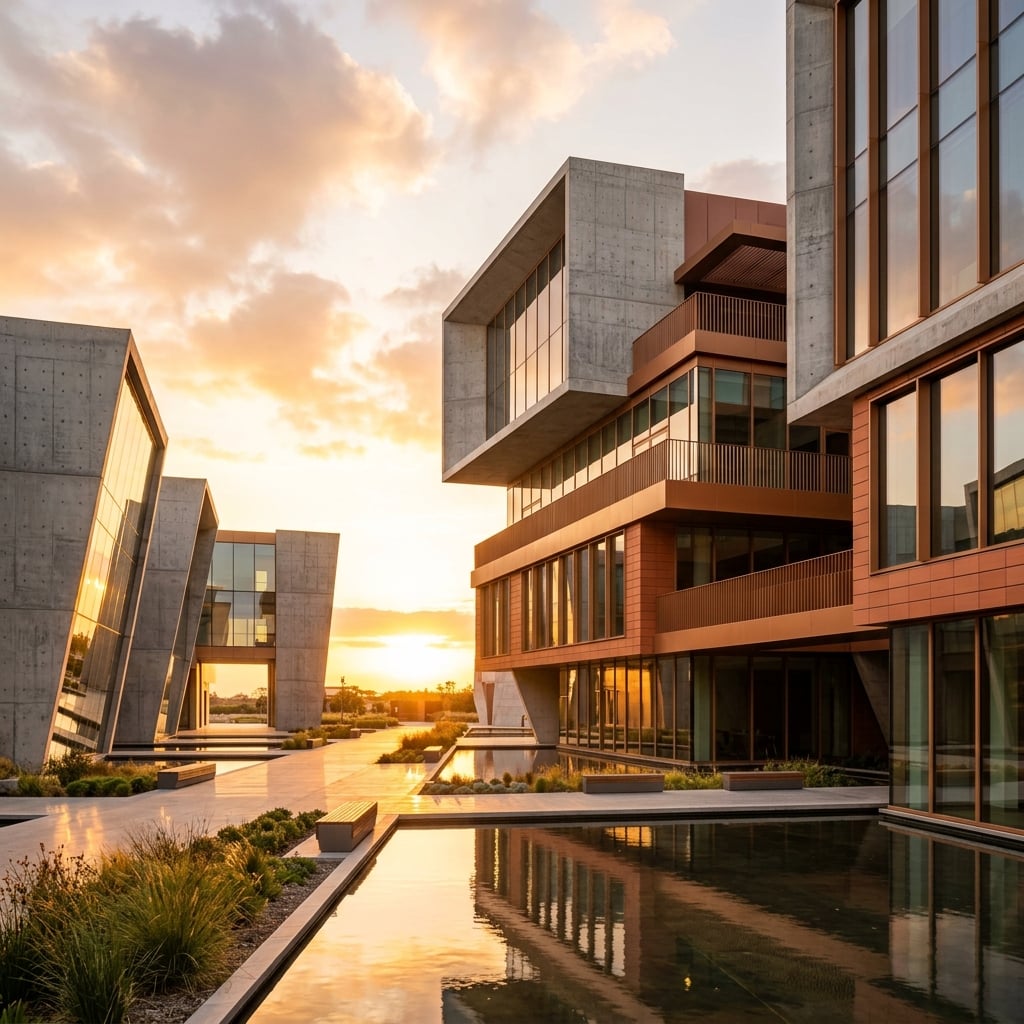 Modern geometric architecture — angular concrete structures against a twilight sky